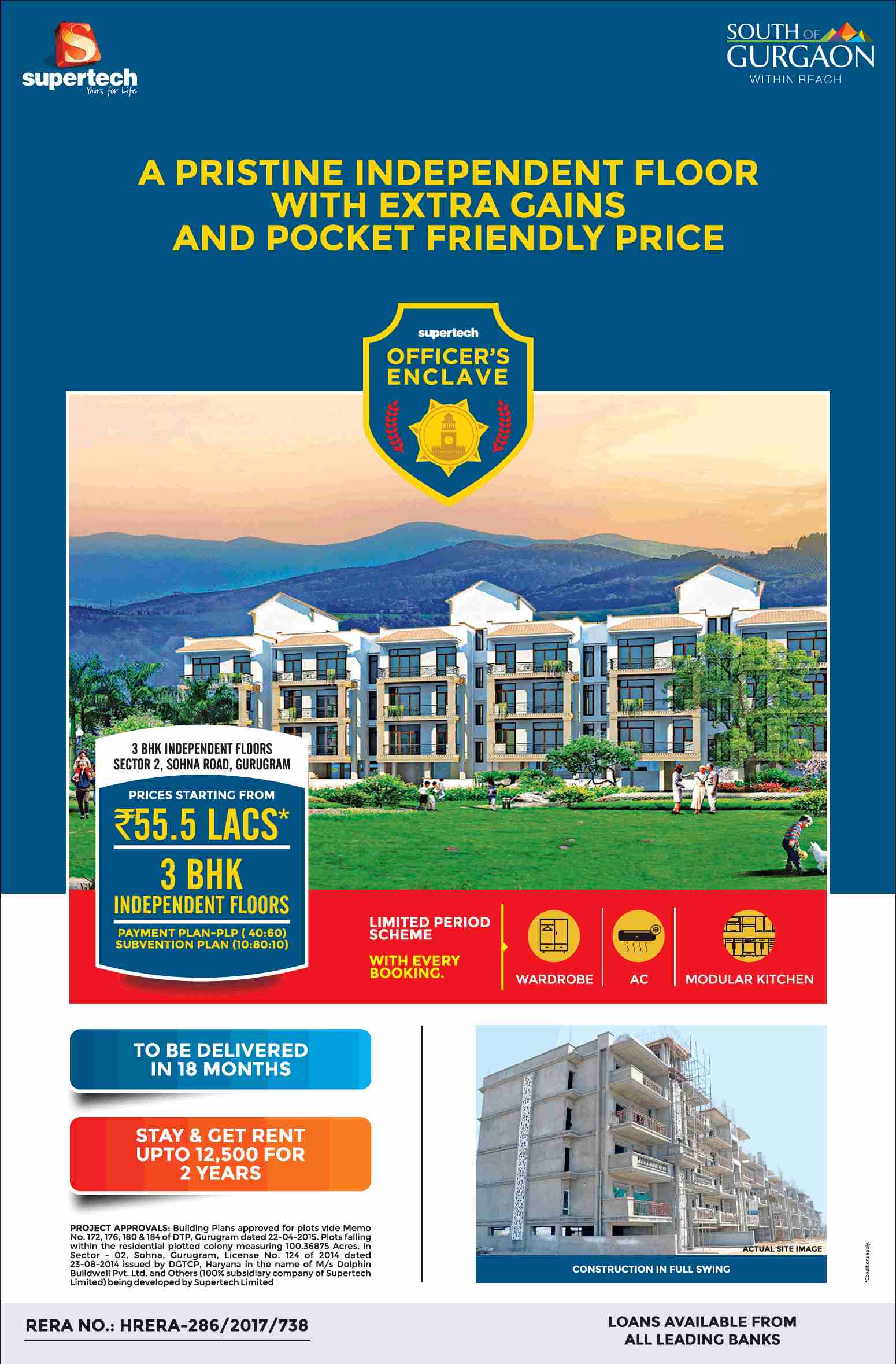 Get 3 BHK Independent floors in Rs 55 Lacs* at Supertech Officers Enclave, Gurgaon